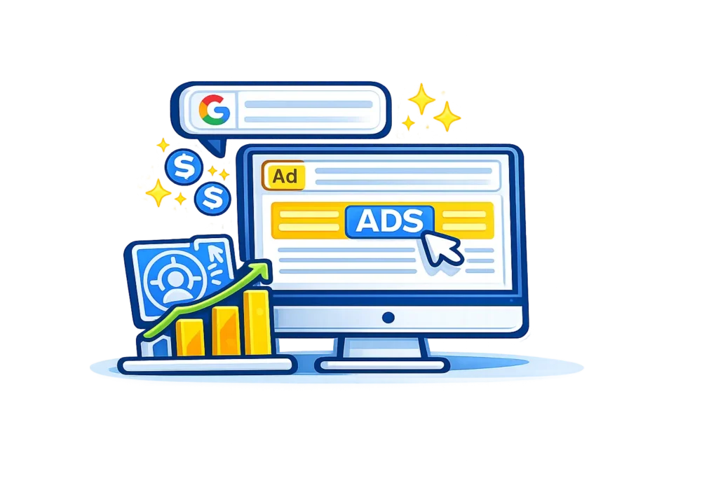 Cartoon-style illustration of a Google Ads campaign displayed on a computer screen, showing a single “Ad” label, a cursor clicking the ad, simple performance bars, and subtle sparkle accents, representing paid search advertising and lead generation.