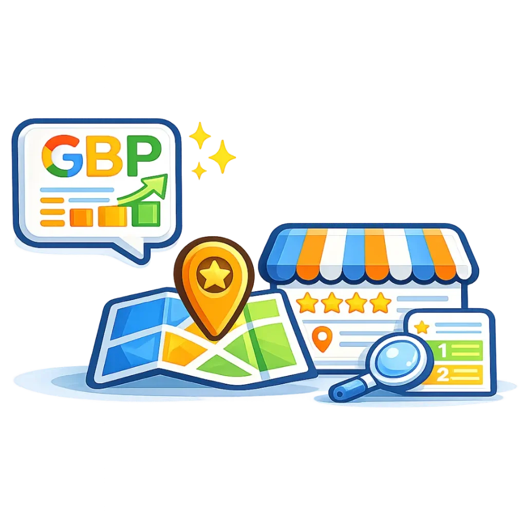 Google Business Profile optimization illustration showing map location, business listing, reviews, and performance growth