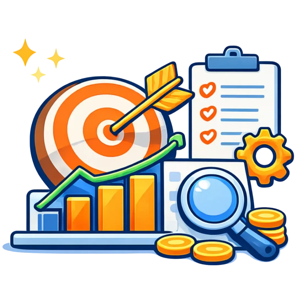 SEO optimization process illustration with target, analytics chart, checklist, and magnifying glass