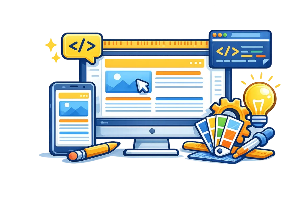 Web design process illustration showing responsive layouts, coding, and visual design elements
