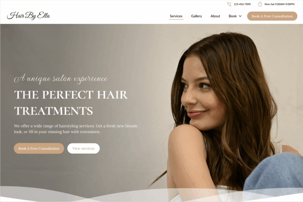 hero section of hair by ella website