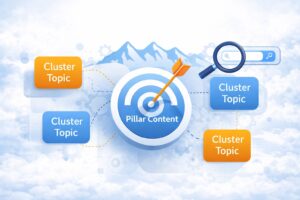 topic clusters visualized with cluster topic connecting to pillar content